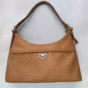 Vintage Brighton Faux Ostrich Leather Tan Shoulder Bag Y2K Embossed Silver Heart